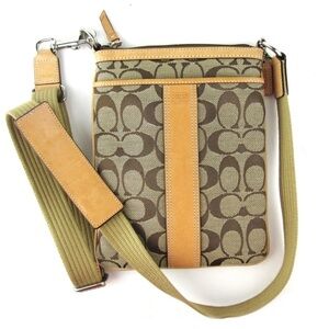 Coach crossbody sling bag purse clutch adjustable strap brown tan leather canvas